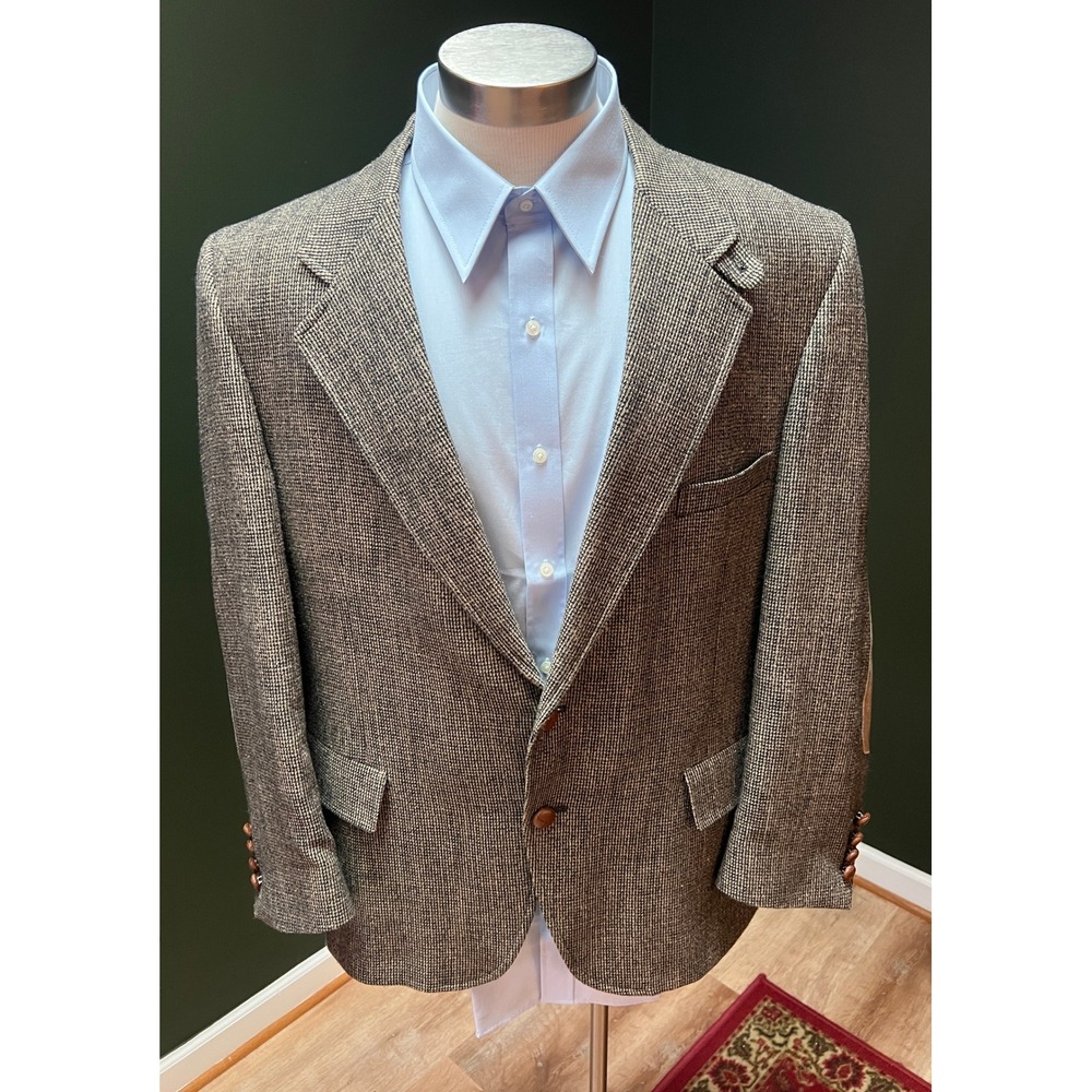 La Vanti by Lamar Mens Brown Houndstooth Wool Blazer Elbow Patches *Read